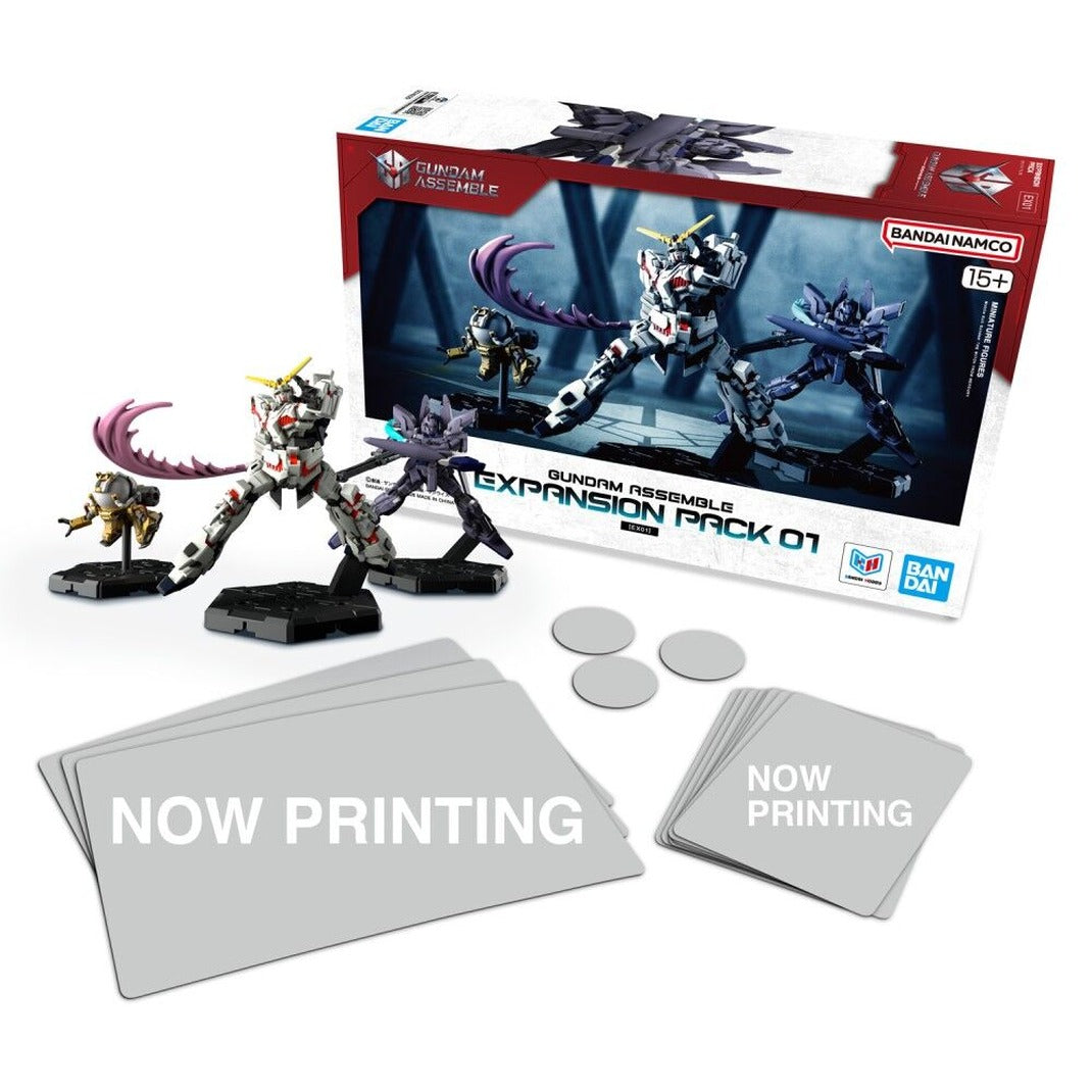 Gundam Assemble Expansion Pack 01 EX01 box with three miniature figures and card and token components