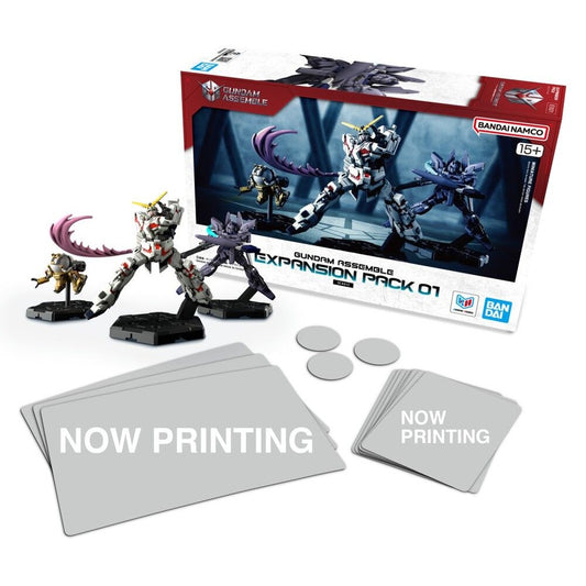 Gundam Assemble Expansion Pack 01 EX01 box with three miniature figures and card and token components