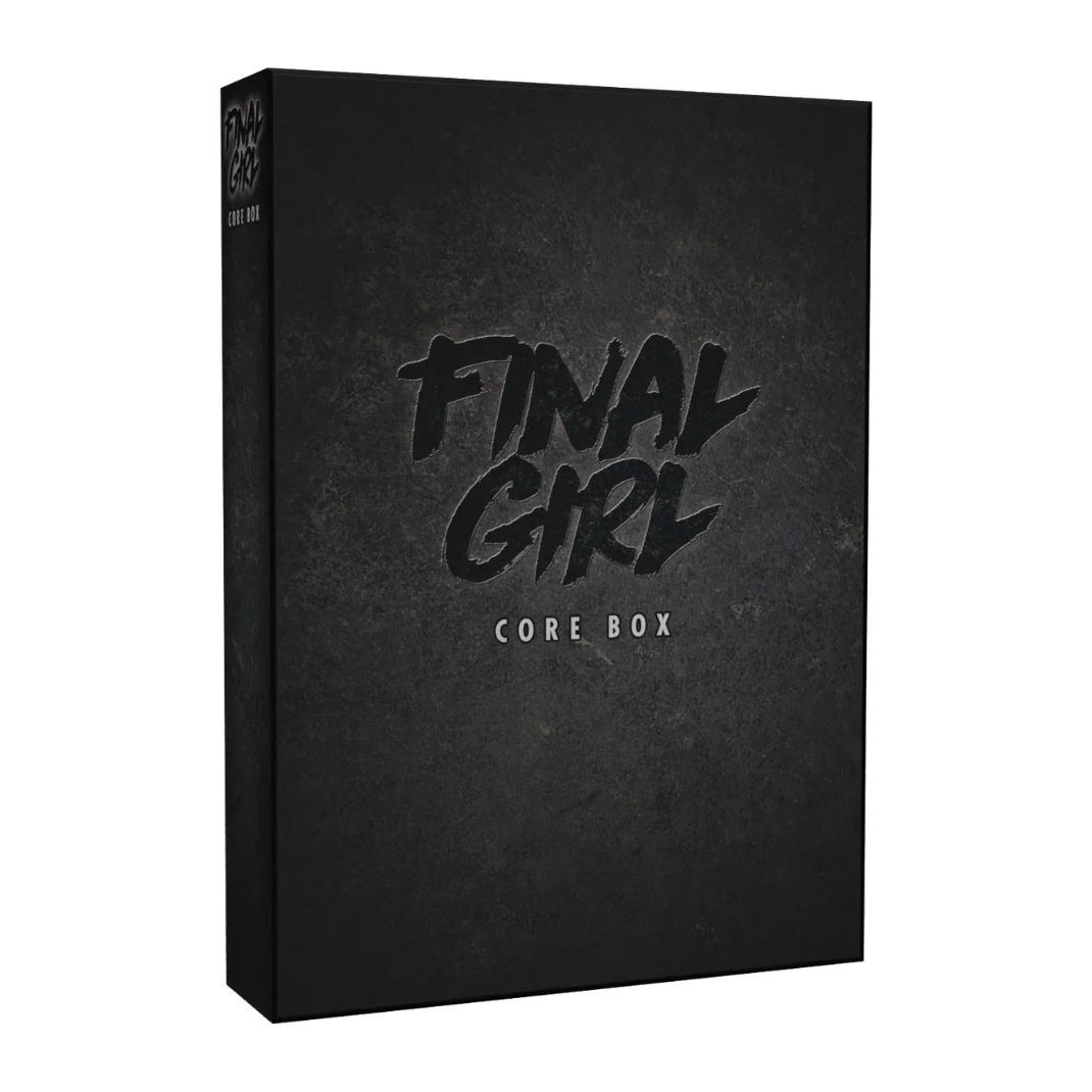 The front cover of the Final Girl Core Box board game, featuring a cinematic red and black horror-themed design with the essential components for solo gameplay.