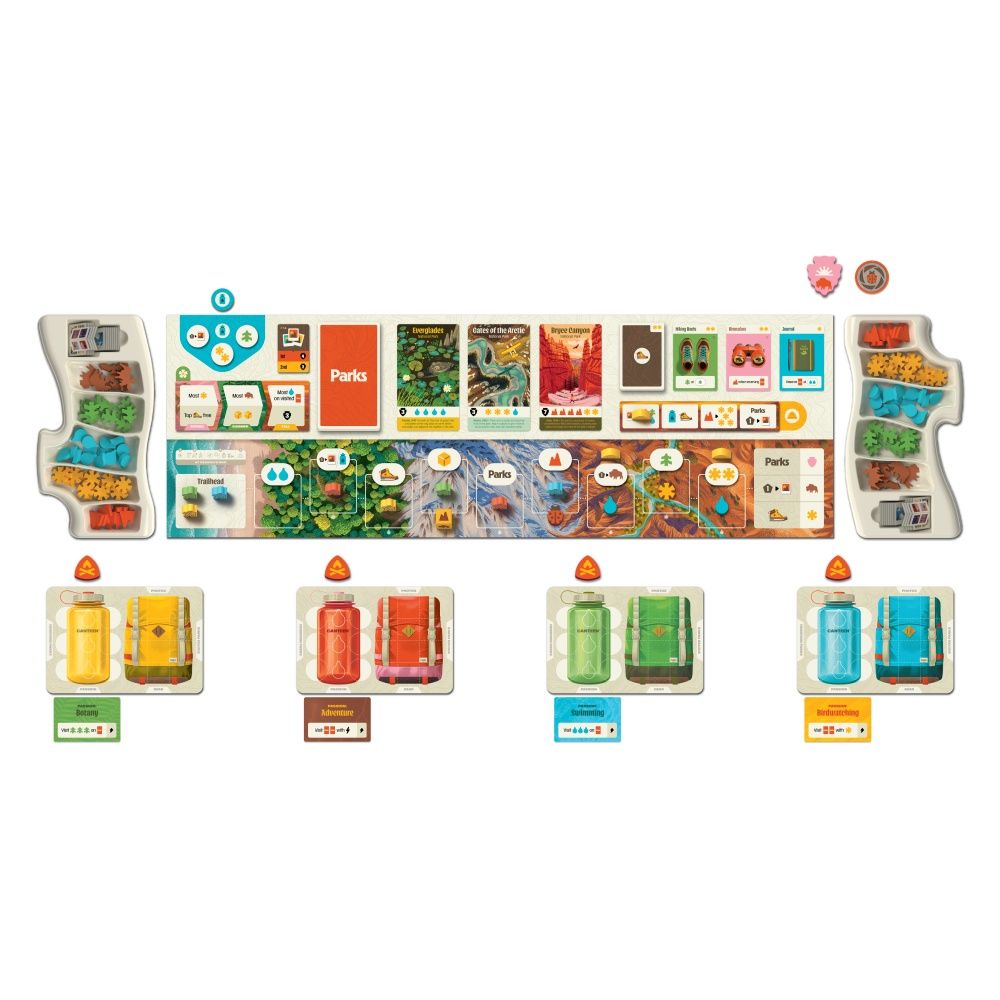 The Parks 2nd Edition board game box showing a vibrant illustration of a National Park landscape, with the new game board, wooden resources, and all-new park cards displayed.