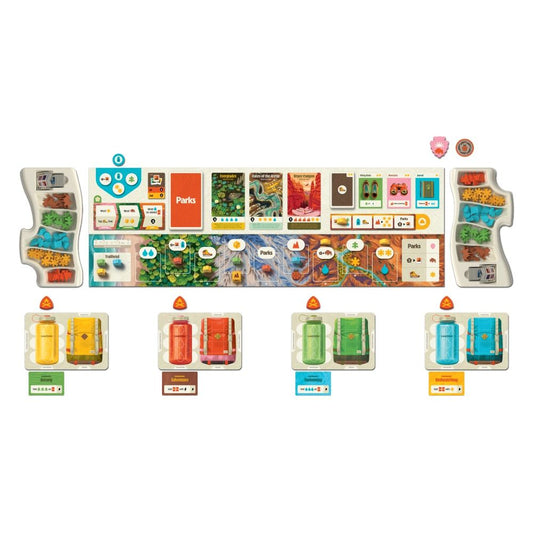 The Parks 2nd Edition board game box showing a vibrant illustration of a National Park landscape, with the new game board, wooden resources, and all-new park cards displayed.