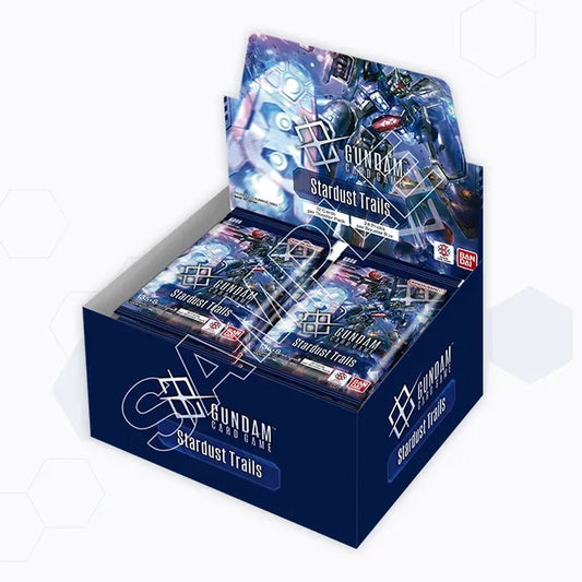Gundam Card Game Stardust Trails GD06 booster display box open showing booster packs with Gundam artwork