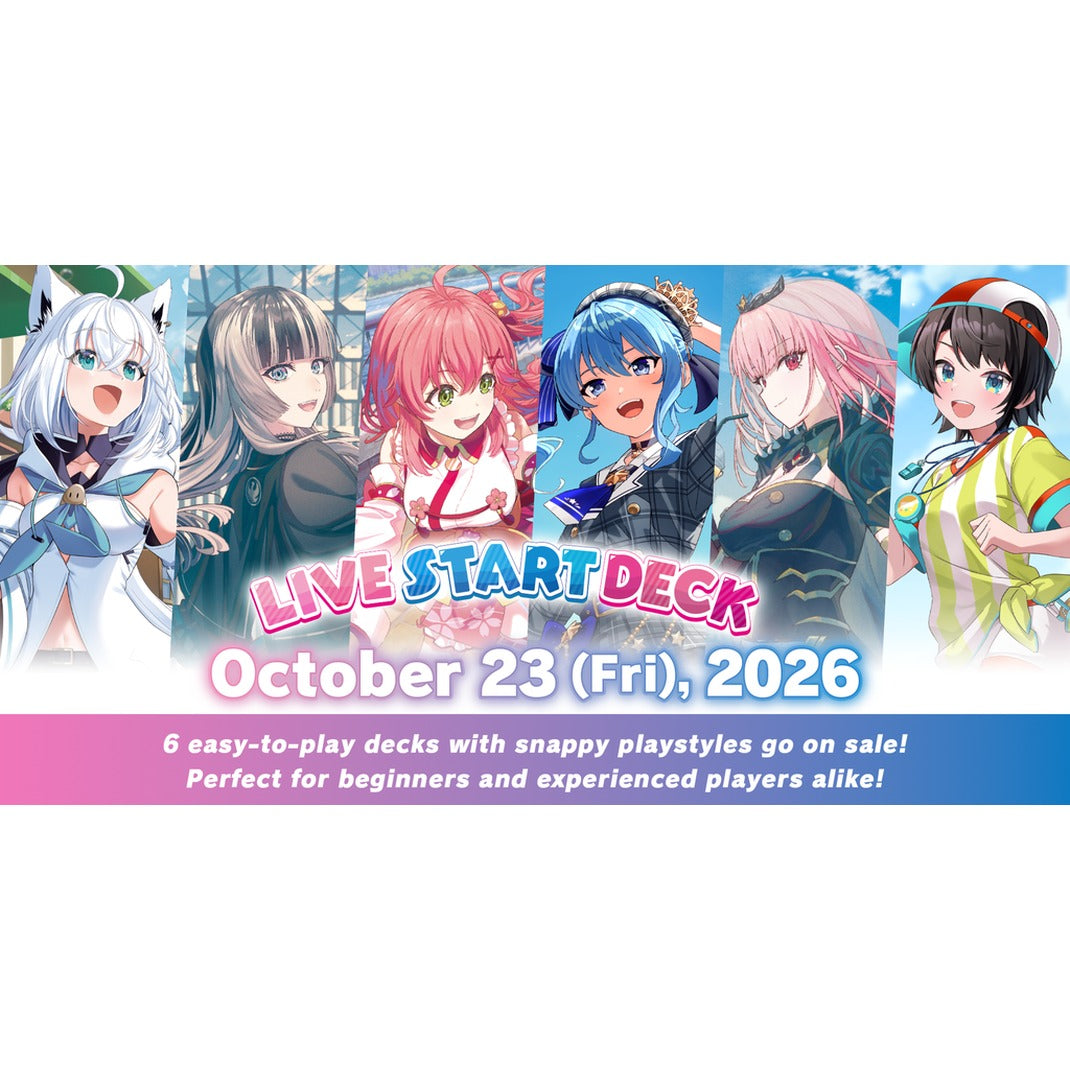 hololive OFFICIAL CARD GAME Live Start Deck release banner with six Oshi artworks