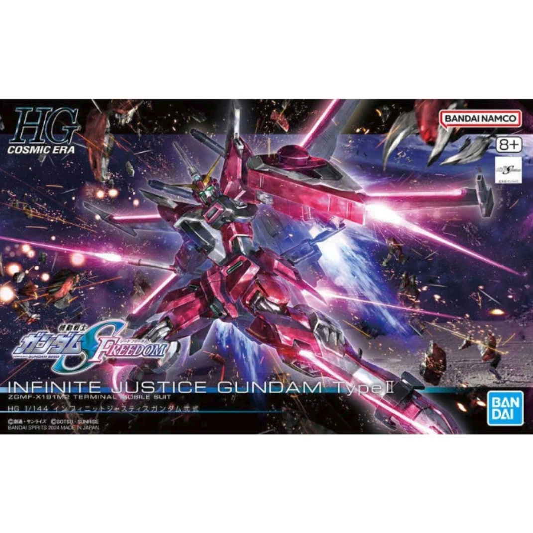 Official box art packaging for the HG 1/144 Infinite Justice Gundam Type II model kit showing the pink mobile suit executing a mid-air beam kick.