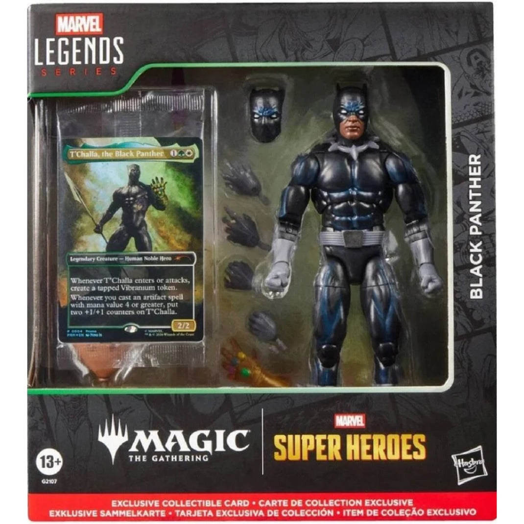 Marvel Legends Series Black Panther action figure in Magic: The Gathering x Marvel Super Heroes box with T'Challa collectible card