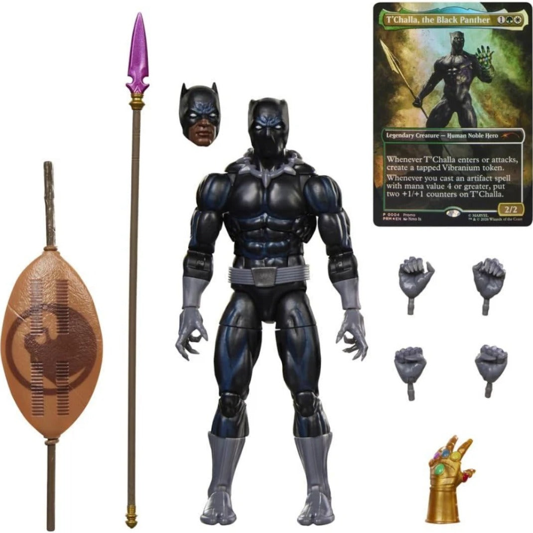Marvel Legends Black Panther 6-inch figure with shield, spear, alternate head, spare hands, gauntlet and exclusive T'Challa MTG card