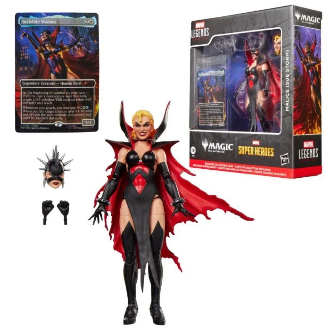 Marvel Legends Malice (Sue Storm) 6-inch figure with red cape, alternate head, spare hands and exclusive Invisible Woman MTG card