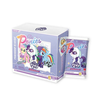 Kayou My Little Pony Fun Moments Series 3 booster box with a booster pack, featuring Fluttershy, Rarity and Rainbow Dash in winter outfits