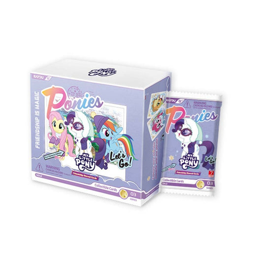 Kayou My Little Pony Fun Moments Series 3 booster box with a booster pack, featuring Fluttershy, Rarity and Rainbow Dash in winter outfits