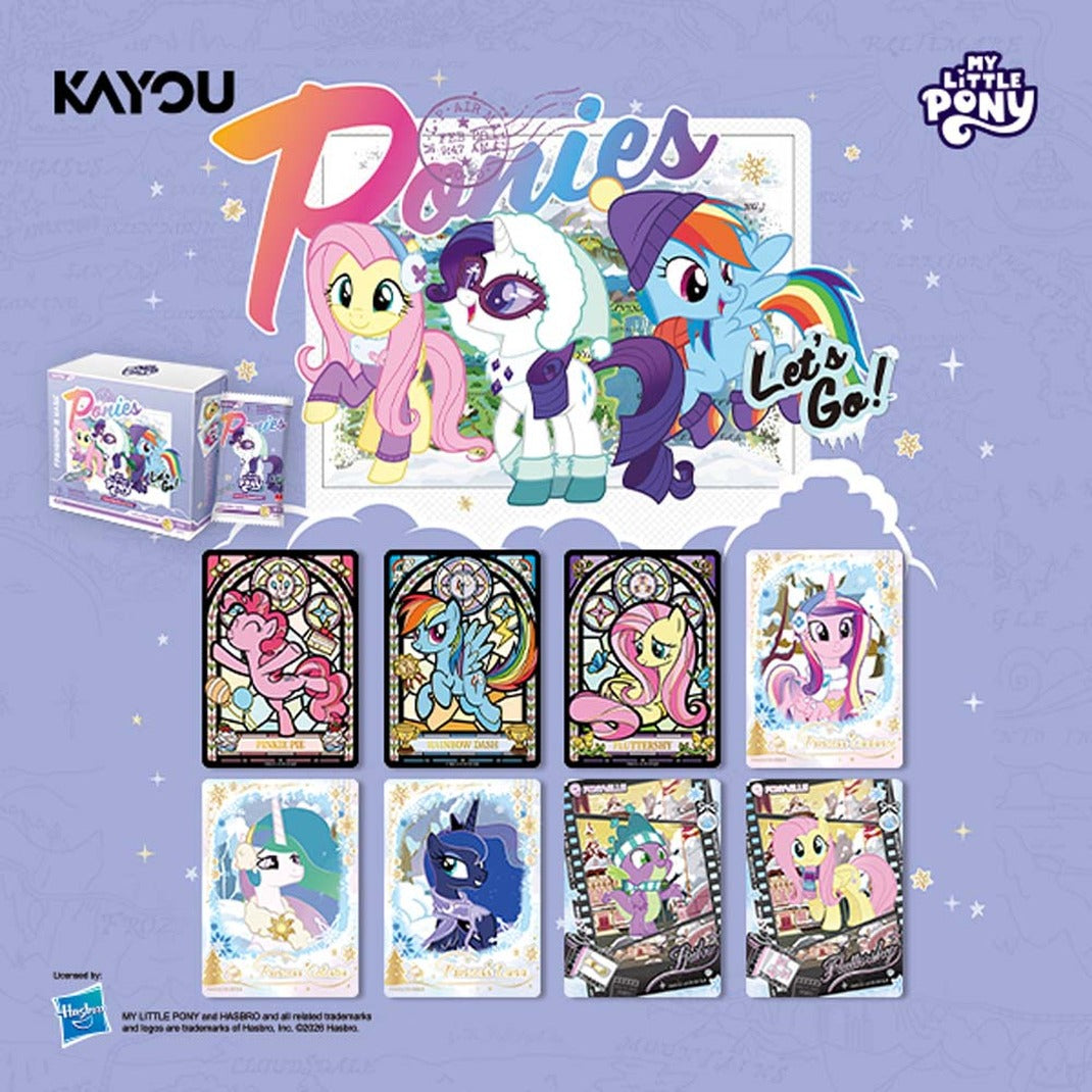 Kayou My Little Pony Series 3 sample cards including stained-glass Pinkie Pie, Rainbow Dash and Fluttershy, Princess Celestia and Luna