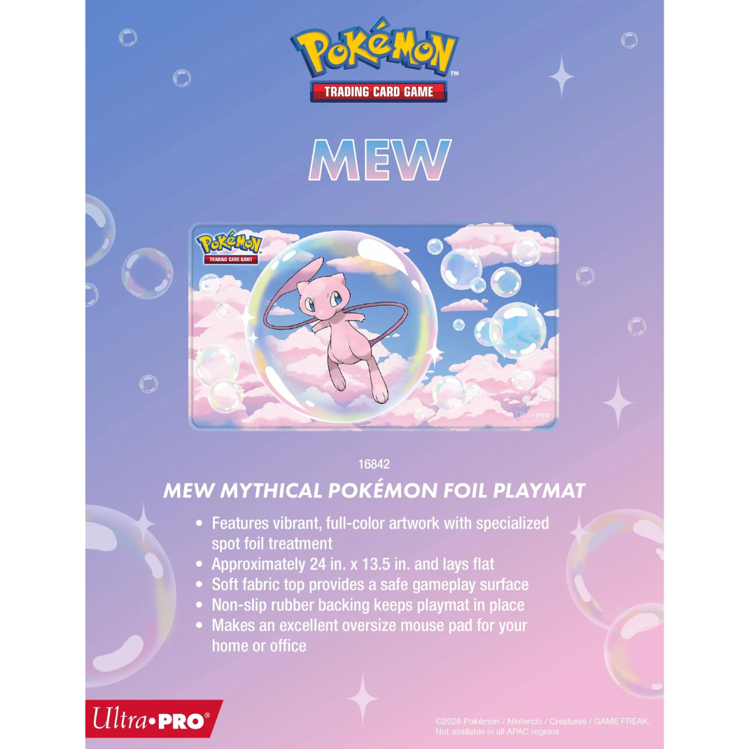 Official Mythical Mew Pokemon foil playmat laid flat, showcasing the vibrant Psychic-type artwork with a distinctive shimmering metallic finish.