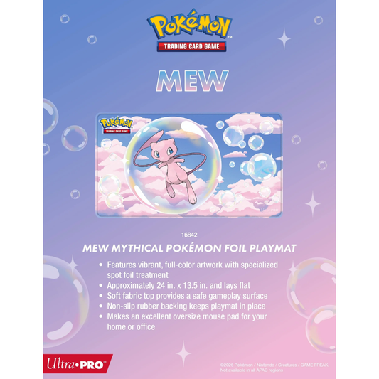 Official Mythical Mew Pokemon foil playmat laid flat, showcasing the vibrant Psychic-type artwork with a distinctive shimmering metallic finish.