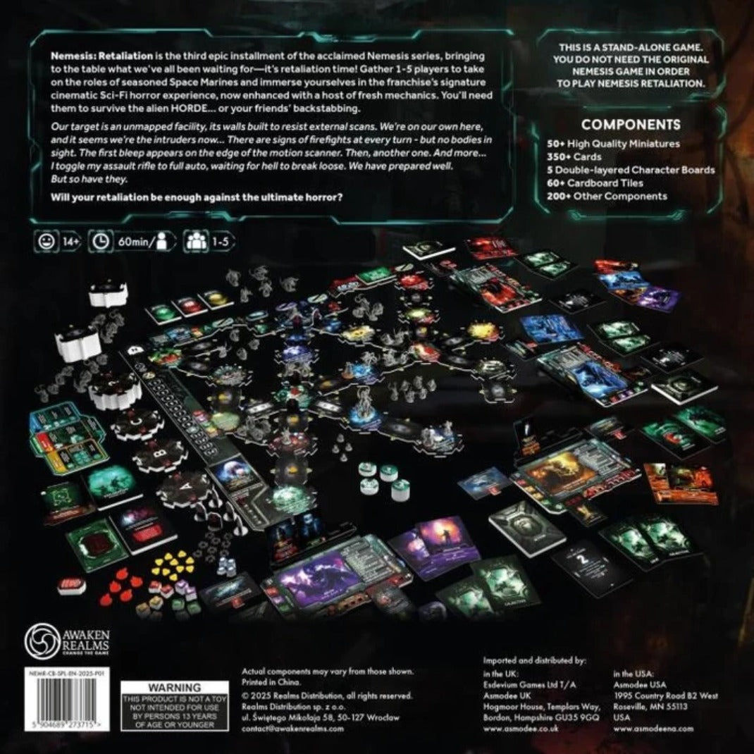 Nemesis: Retaliation Core Box back – game description, component list and spread of miniatures, boards and cards