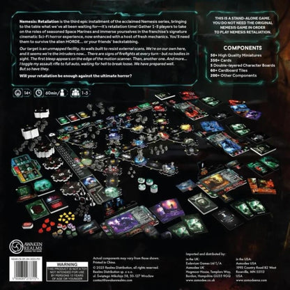 Nemesis: Retaliation Core Box back – game description, component list and spread of miniatures, boards and cards