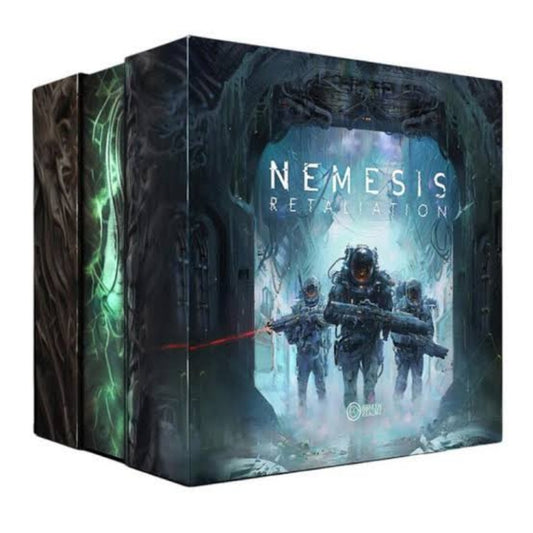 Nemesis: Retaliation Core Box front – three armoured Space Marines advancing down a dark alien corridor