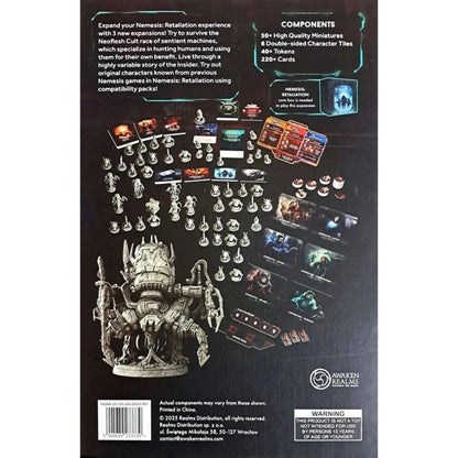 Nemesis: Retaliation Stretch Goals Box back – component list and spread of Neoflesh Cult miniatures, cards and character tiles