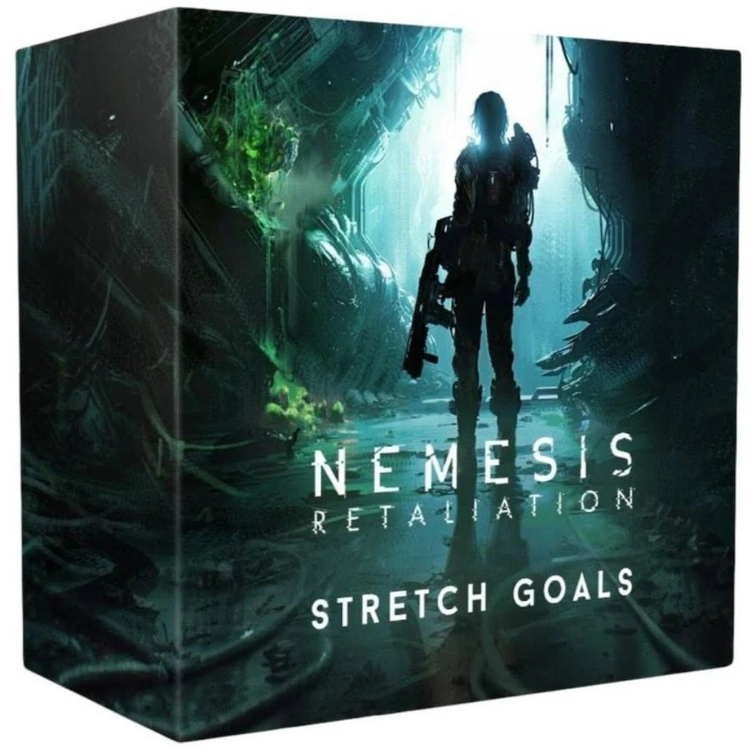Nemesis: Retaliation Stretch Goals Box front – armed survivor silhouetted in a glowing alien corridor