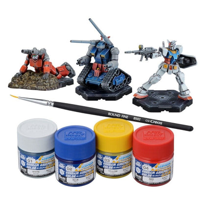 Gundam Assemble Paint Pack 01 PA01 with painted RX-78-2 Gundam, Guntank and Guncannon figures, four Mr. Hobby acrylic paints and a Creos round fine brush