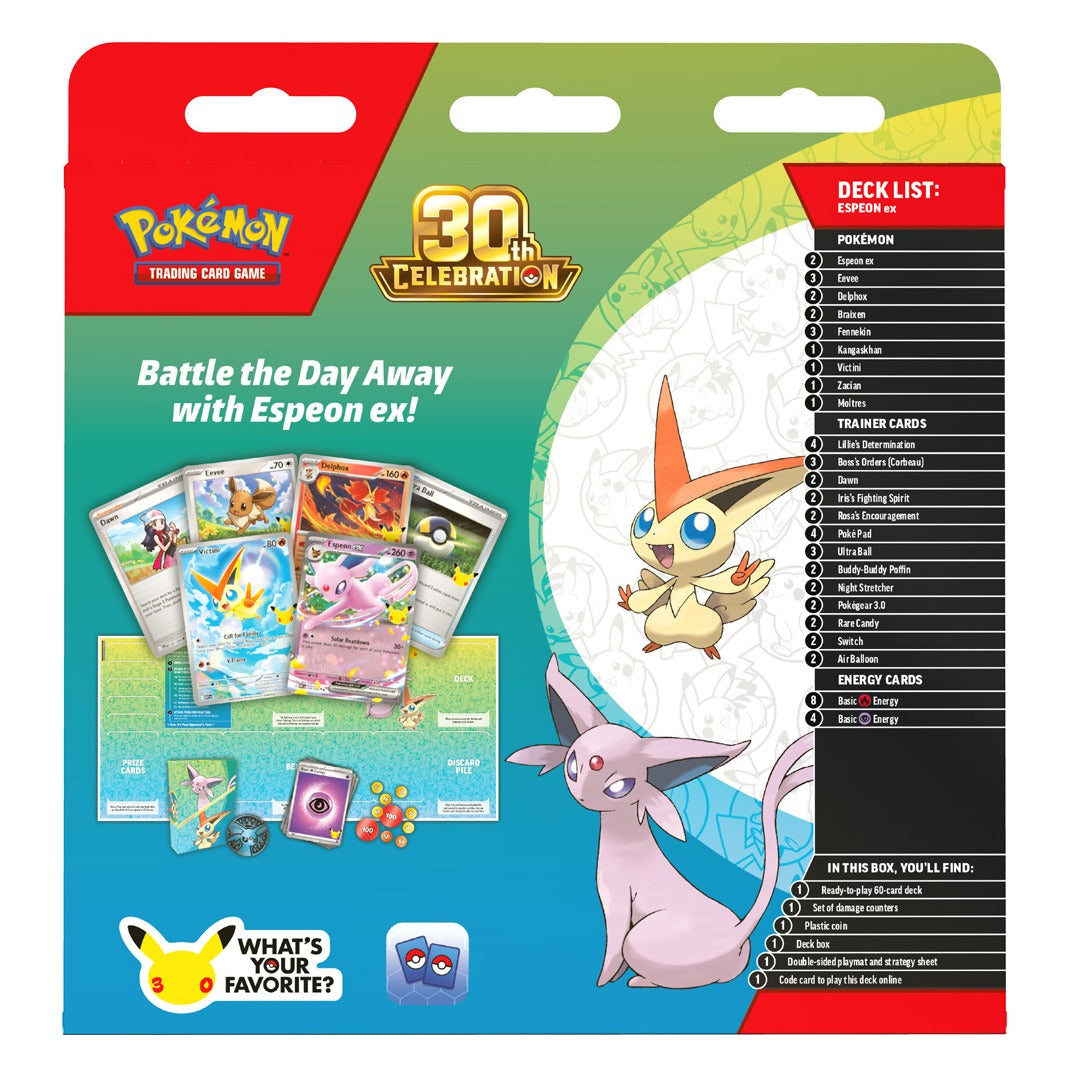 Pokémon TCG 30th Celebration Battle Deck Espeon ex box back showing deck list and contents
