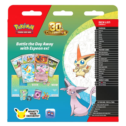 Pokémon TCG 30th Celebration Battle Deck Espeon ex box back showing deck list and contents