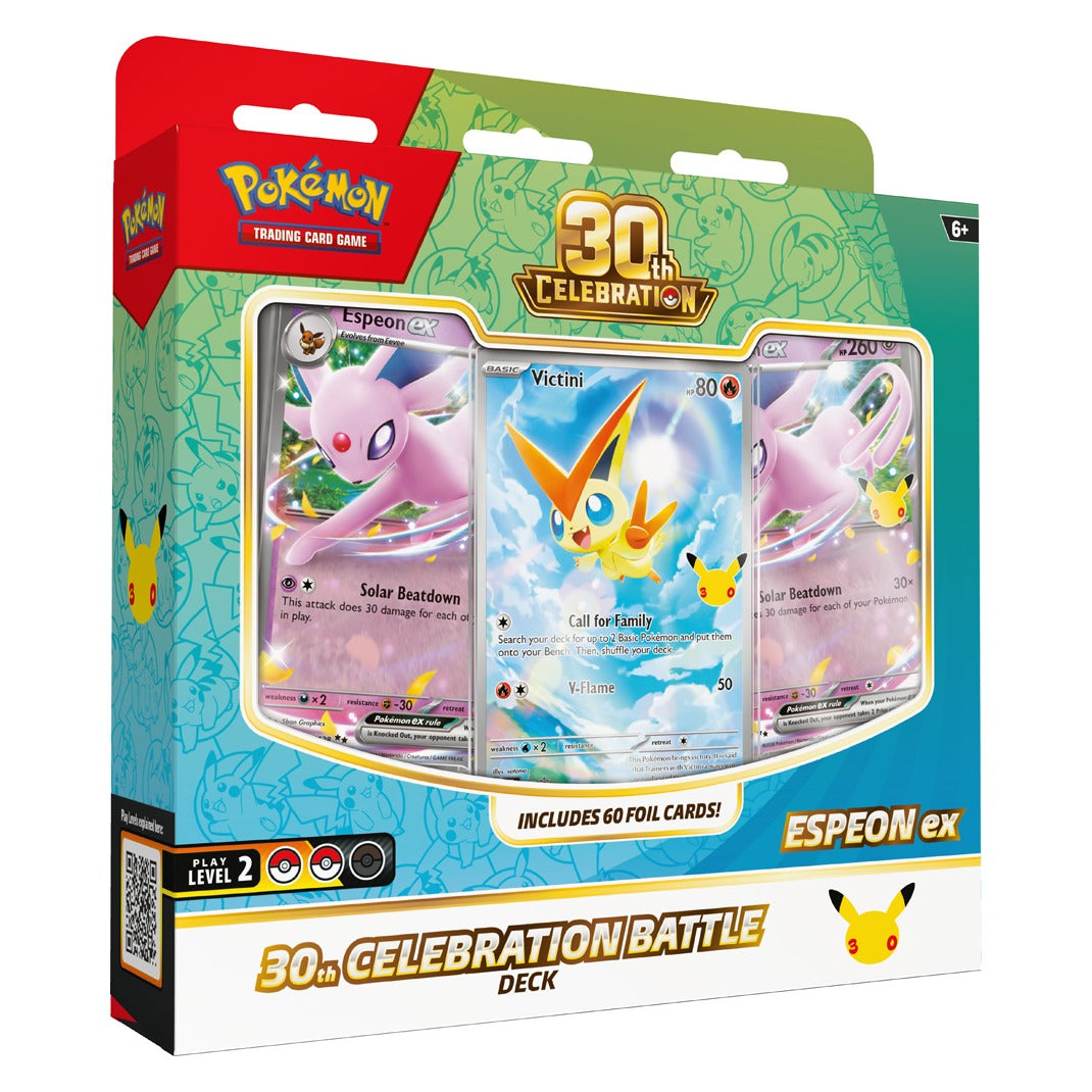 Pokémon TCG 30th Celebration Battle Deck Espeon ex box front with 60 foil cards, Victini and Espeon ex