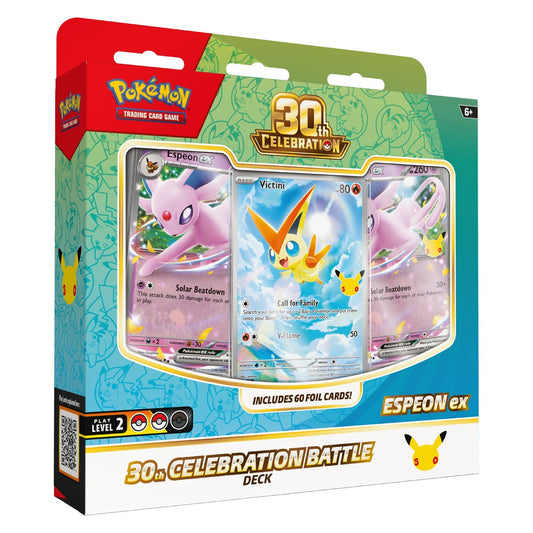 Pokémon TCG 30th Celebration Battle Deck Espeon ex box front with 60 foil cards, Victini and Espeon ex