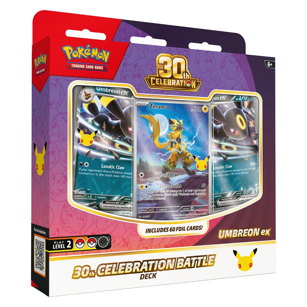 Pokémon TCG 30th Celebration Battle Deck Umbreon ex box front with 60 foil cards, Zeraora and Umbreon ex