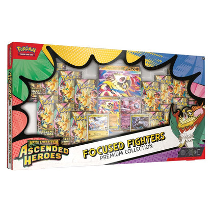 Pokémon TCG Ascended Heroes Focused Fighters Premium Collection box with 14 booster packs and Mega Hawlucha ex promo cards