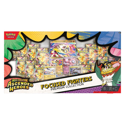 Pokémon Mega Evolution Ascended Heroes Focused Fighters Premium Collection front view showing 4 promo cards, oversized card and 14 boosters