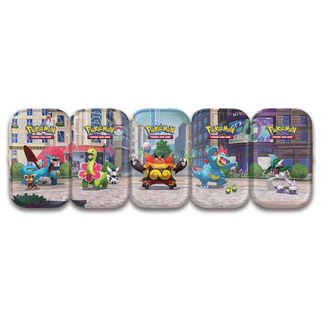 A lineup of all 5 different Pokémon TCG Lumiose City Mini Tin designs placed side by side to show how the packaging forms a panoramic image.