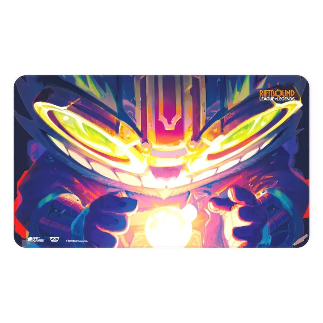 Riftbound League of Legends TCG Radiance Playmat 24 x 14 neoprene, Ziggs, Hexplosives Expert artwork of Ziggs grinning behind glowing goggles holding a bright bomb