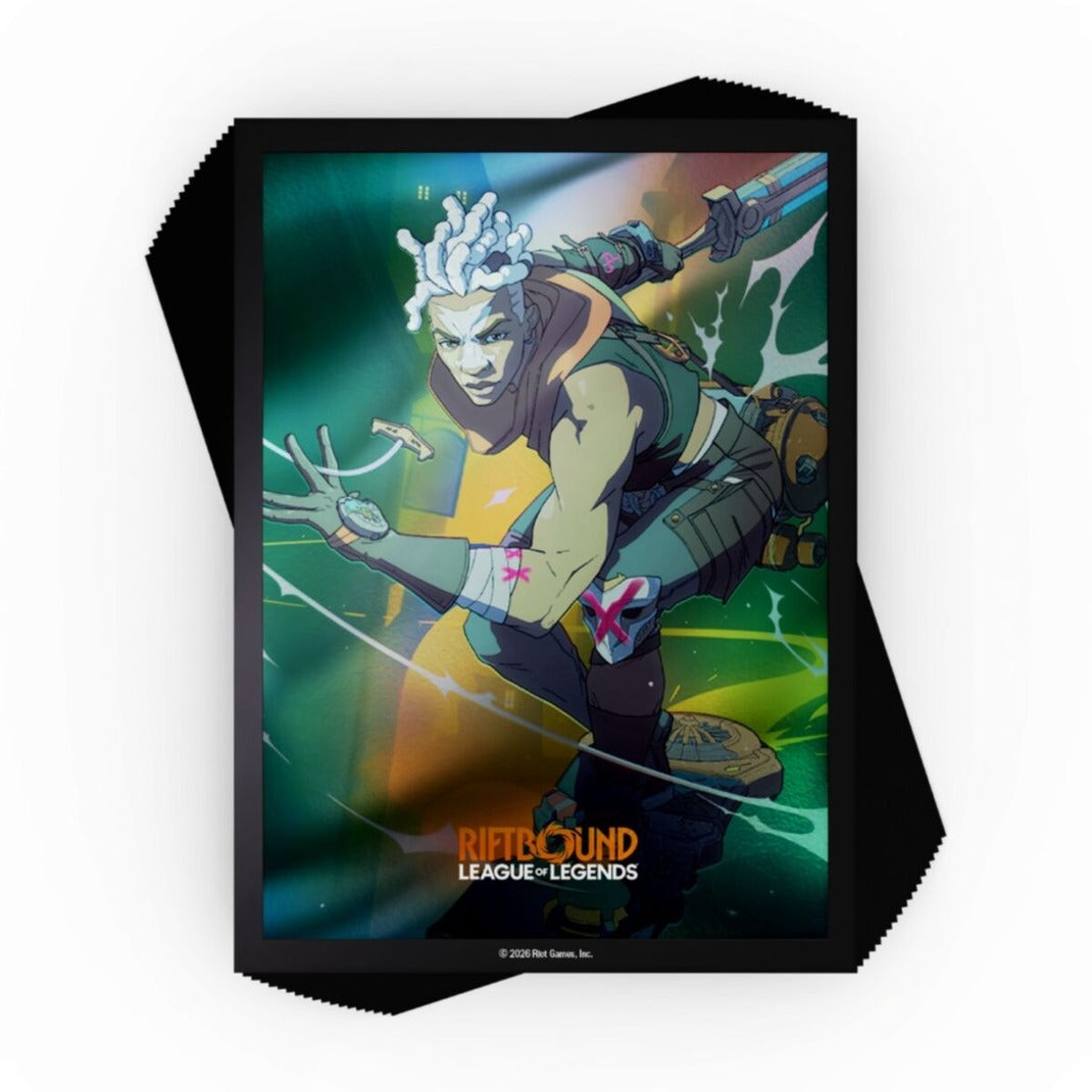 Riftbound League of Legends TCG Radiance Art Sleeves 100 count pack, Ekko, Boy Who Shattered Time artwork of Ekko with a glowing time trail