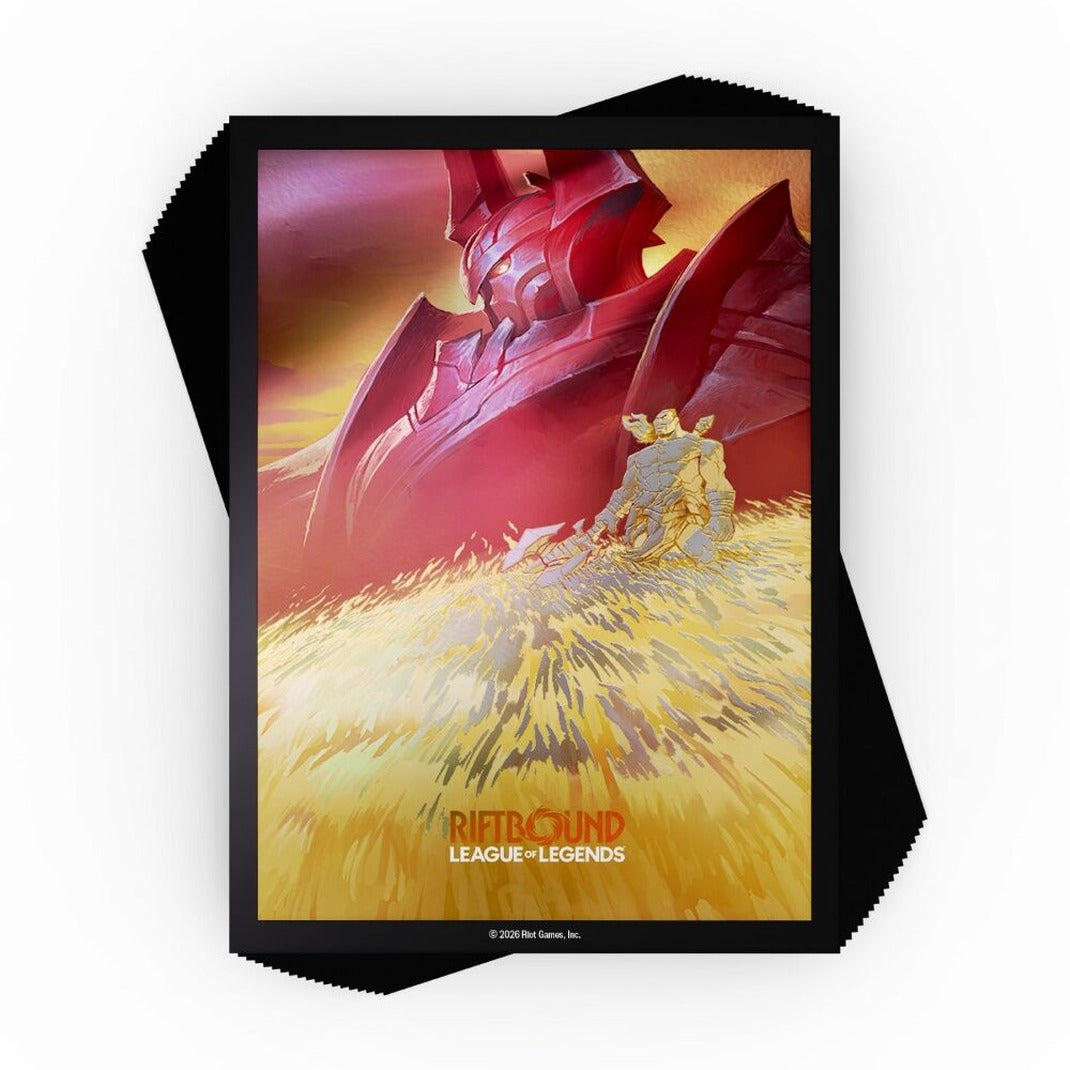 Riftbound League of Legends TCG Radiance Art Sleeves 100 count pack, Mordekaiser, Iron Revenant artwork of a giant red armoured Mordekaiser over a golden statue
