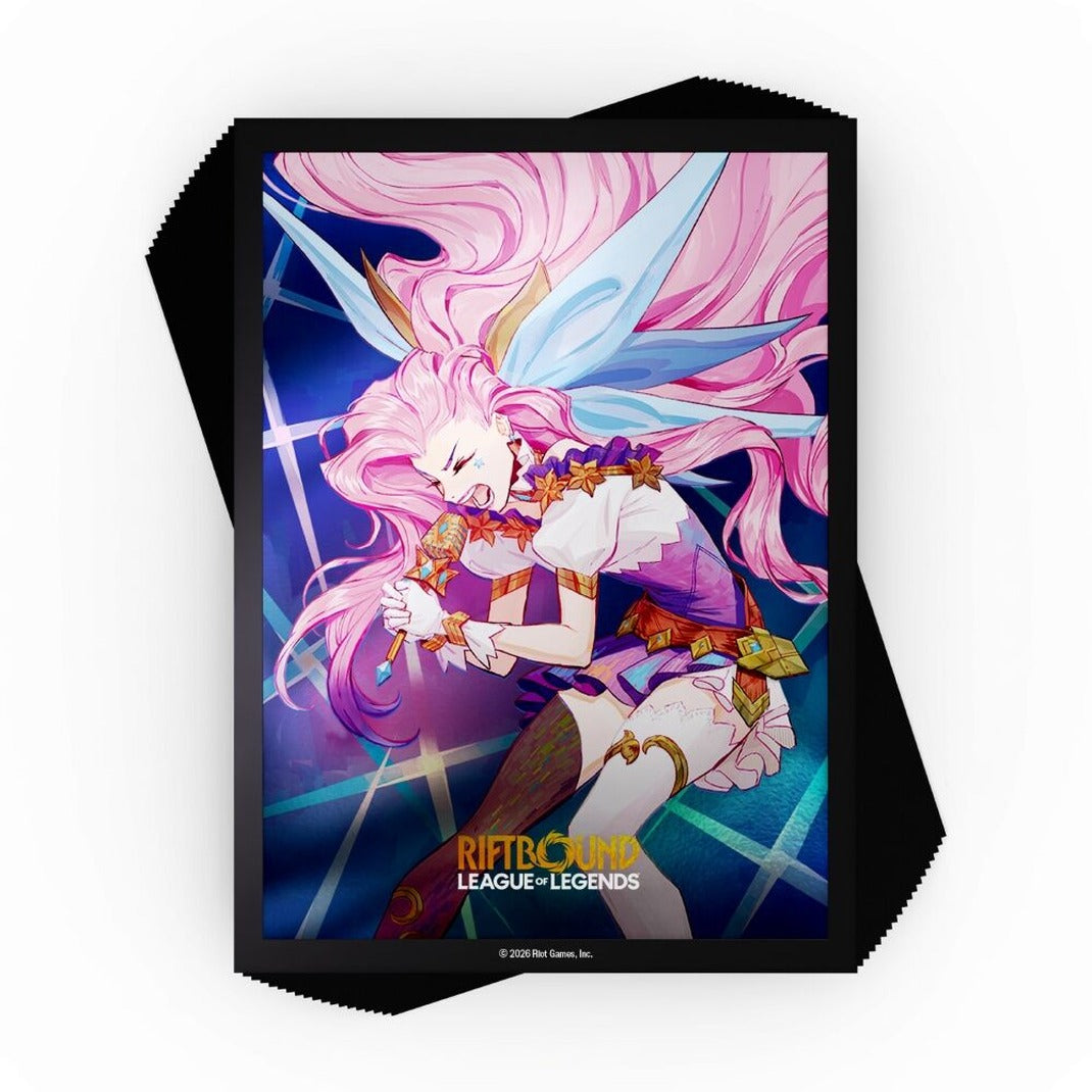 Riftbound League of Legends TCG Radiance Art Sleeves 100 count pack, Seraphine, Starry-Eyed Songstress artwork of Seraphine singing with long pink hair