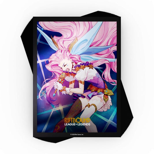 Riftbound League of Legends TCG Radiance Art Sleeves 100 count pack, Seraphine, Starry-Eyed Songstress artwork of Seraphine singing with long pink hair
