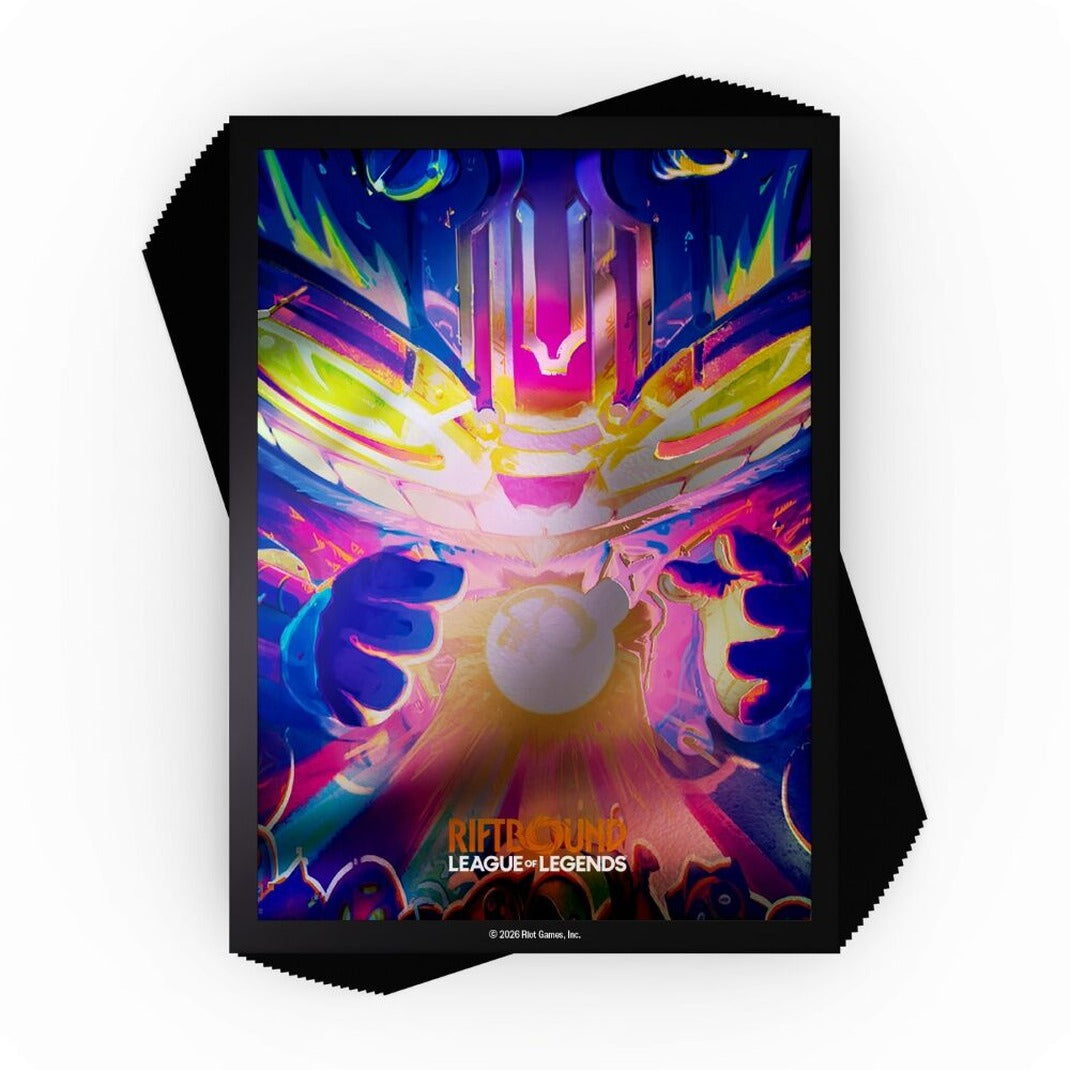 Riftbound League of Legends TCG Radiance Art Sleeves 100 count pack, Ziggs, Hexplosives Expert artwork of Ziggs holding a glowing bomb