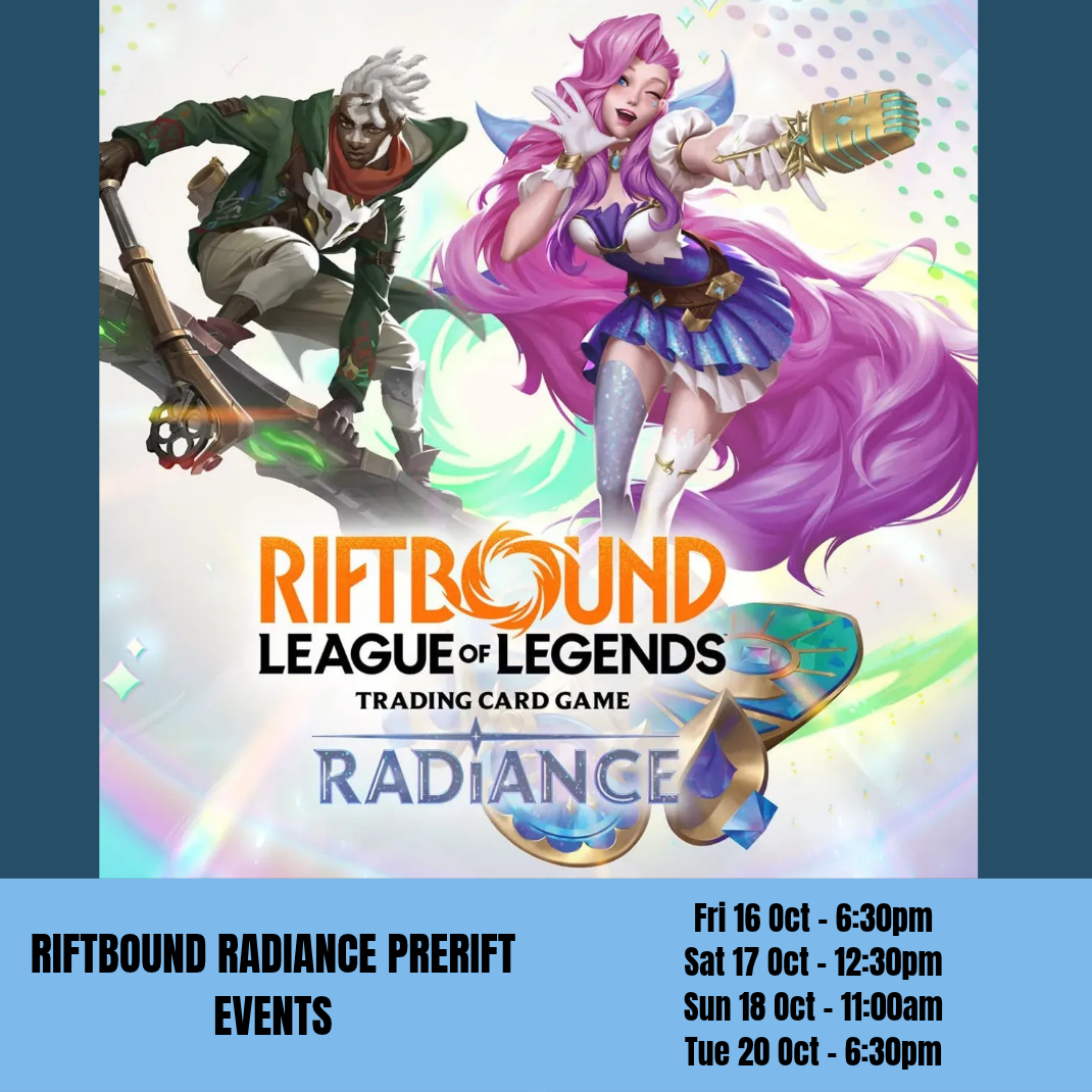 Play Riftbound: Radiance before release at Hobby Collectors Australia, Fairfield NSW. Pre-Rift sealed events 16–20 Oct. $60 entry, kit included. Book now.