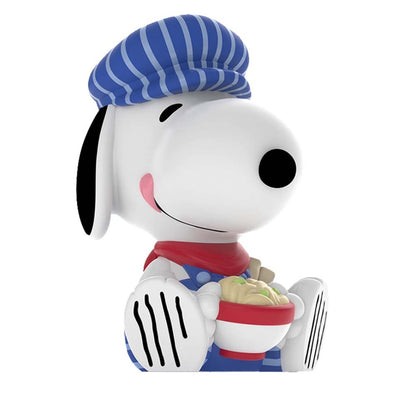 Snoopy Conductor figure in a striped train cap holding a bowl of noodles, Rokimoto Peanuts Series 2