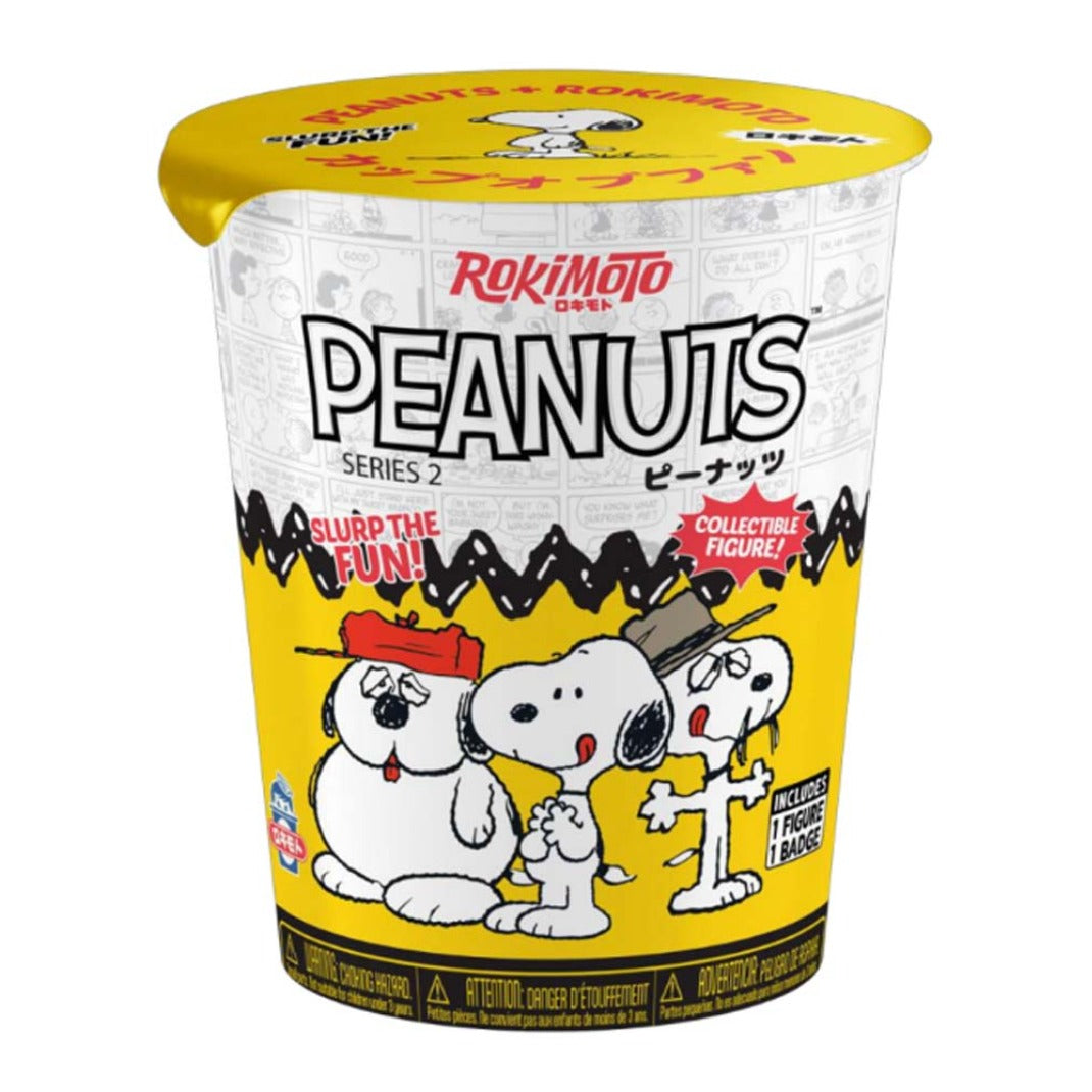 Rokimoto Peanuts Series 2 blind cup with Snoopy, Olaf and Spike on a yellow Charlie Brown zigzag design