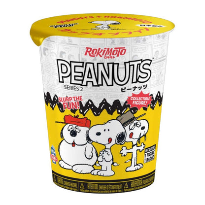 Rokimoto Peanuts Series 2 blind cup with Snoopy, Olaf and Spike on a yellow Charlie Brown zigzag design