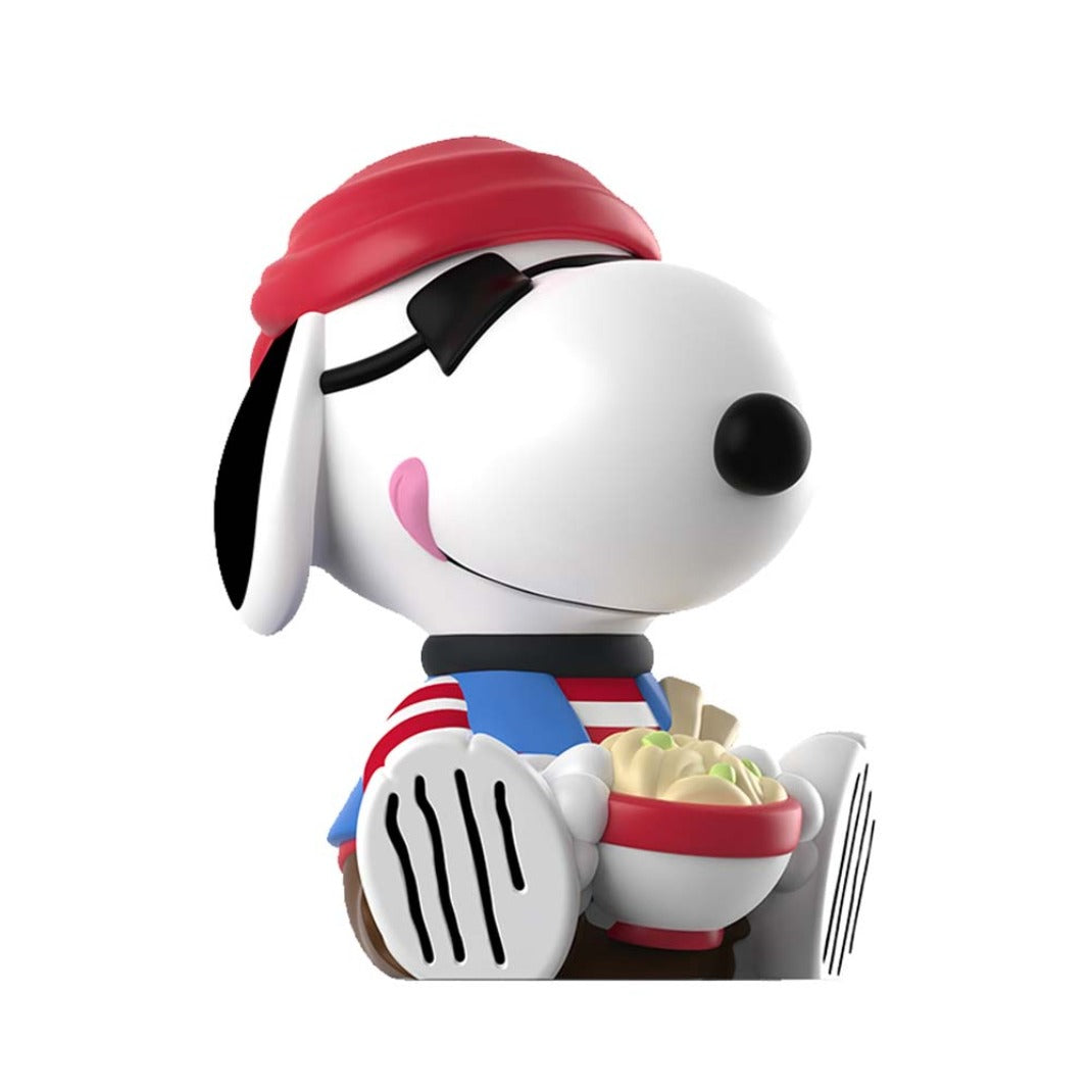 Snoopy Pirate figure with a red bandana and eye patch holding a bowl of noodles, Rokimoto Peanuts Series 2