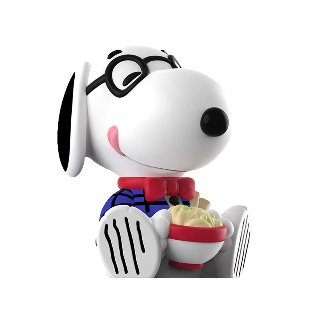 Snoopy Preppy figure with round glasses and a red bow tie holding a bowl of noodles, Rokimoto Peanuts Series 2