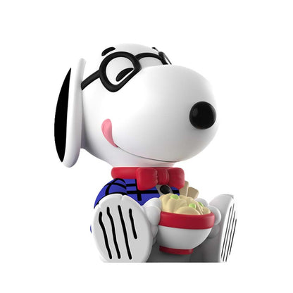 Snoopy Preppy figure with round glasses and a red bow tie holding a bowl of noodles, Rokimoto Peanuts Series 2