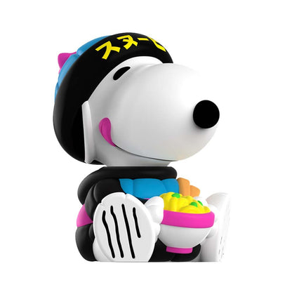 Snoopy Puffer Black Blacklight figure in a neon pink puffer jacket and blue beanie, Rokimoto Peanuts Series 2