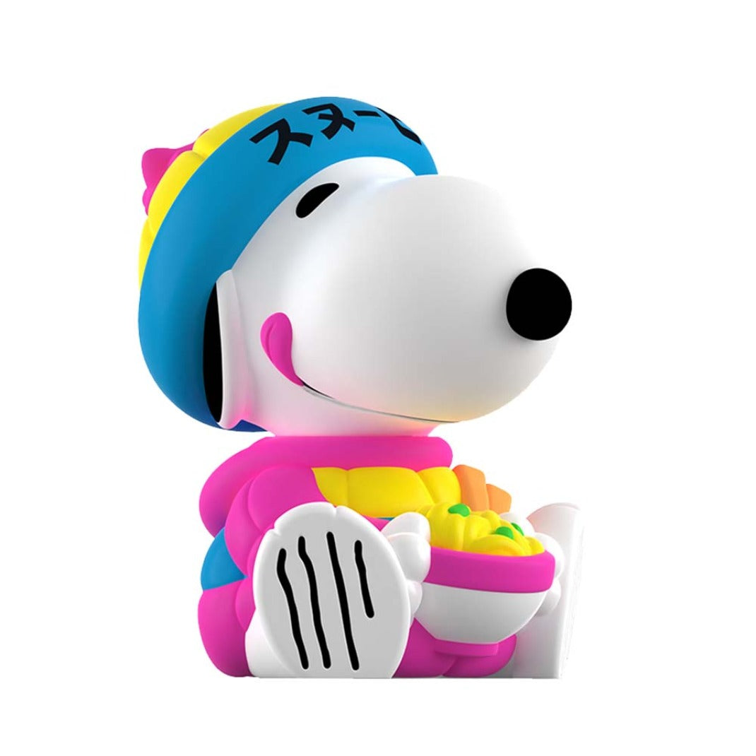 Snoopy Puffer Pink Blacklight figure in a neon pink puffer jacket and beanie with Japanese lettering, Rokimoto Peanuts Series 2