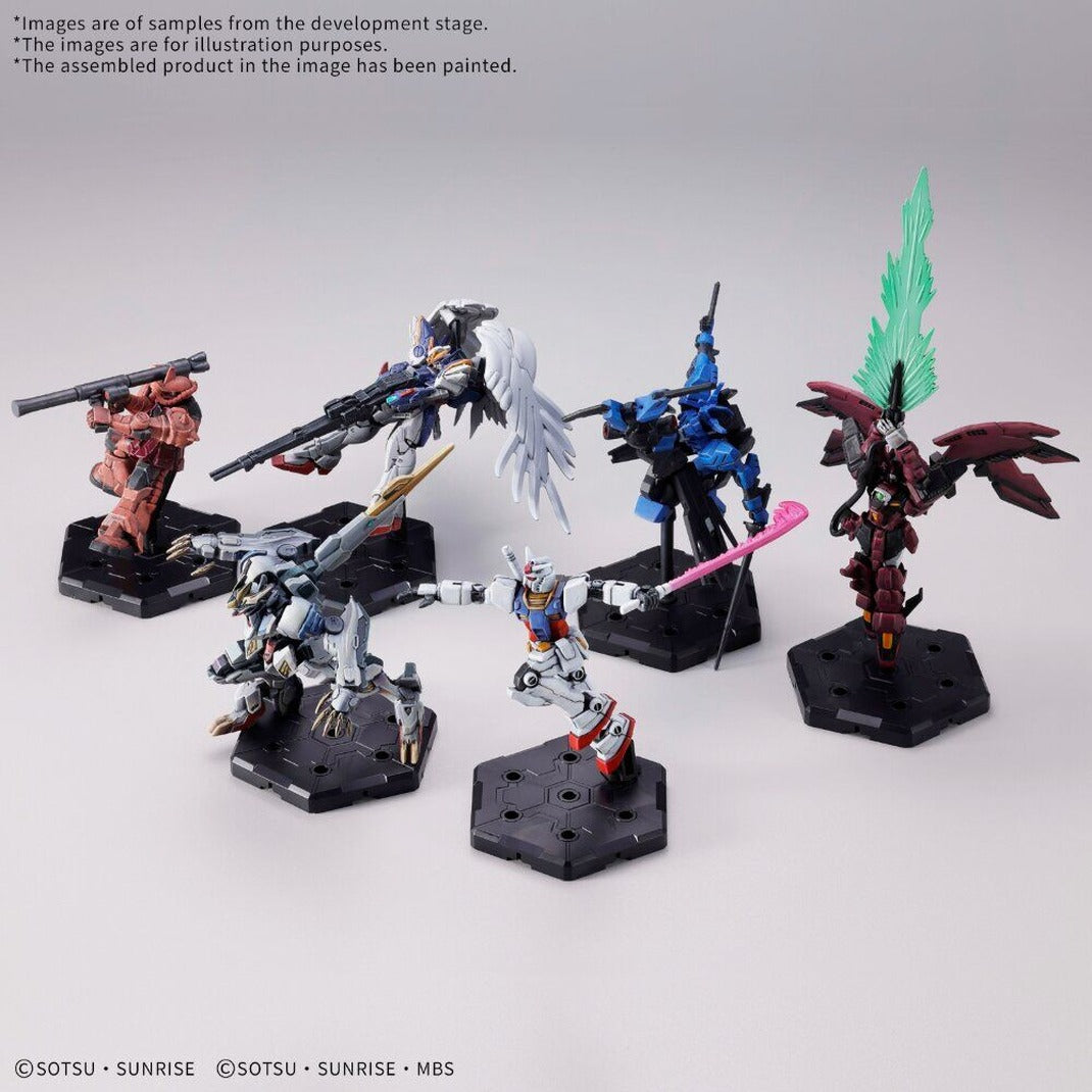 Six painted Gundam Assemble figures on black hex bases including Wing Gundam Zero, Gundam and Zaku