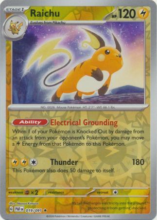 Raichu 019/091 Scarlet and Violet Paldean Fates Reverse Holo Rare Pokemon Card NEAR MINT TCG