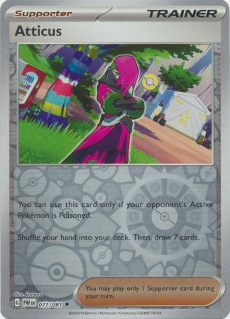 Atticus 077/091 Scarlet and Violet Paldean Fates Reverse Holo Uncommon Supporter Pokemon Card NEAR MINT TCG