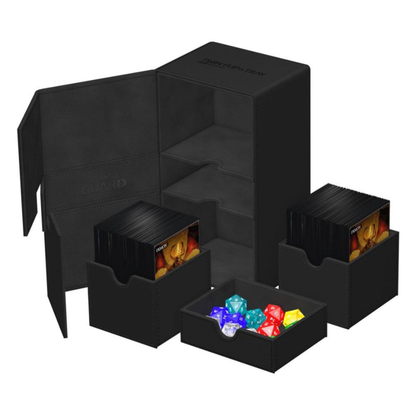 Ultimate Guard Twin Flip n Tray 200+ XenoSkin Monocolor Black deck box holds 200 double-sleeved cards independent magnetic trays dice tray removable - Hobby Collectors Australia